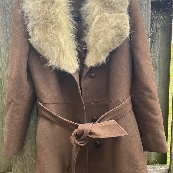 Vintage 60s Wool Coat w/ Fur Collar Pure Virgin Wool Belted Brown Long Coat Anna - Picture 14 of 16